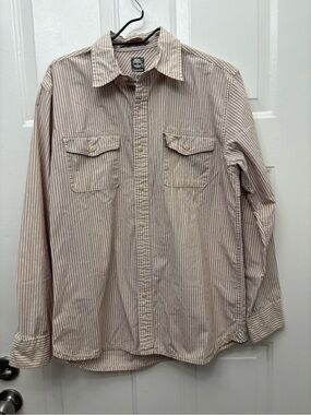 Timberland Men's Tan and White Striped Button-Down Shirt